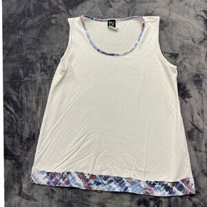 Pure Essence Tank Top Womens Large White Bamboo Rayon Tie Dye Trim Summer